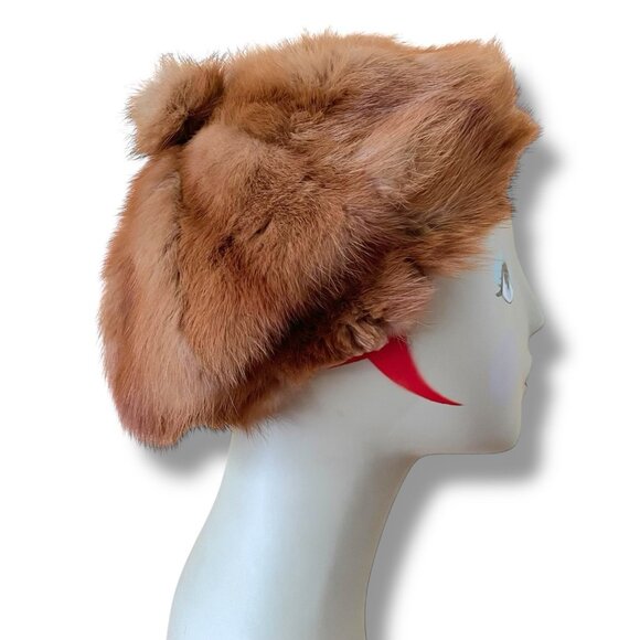 Vintage 1960s Womens Red-Brown Mink Fur Beret Pom Pom Hat Boho Mod Winter Toque - Picture 4 of 13